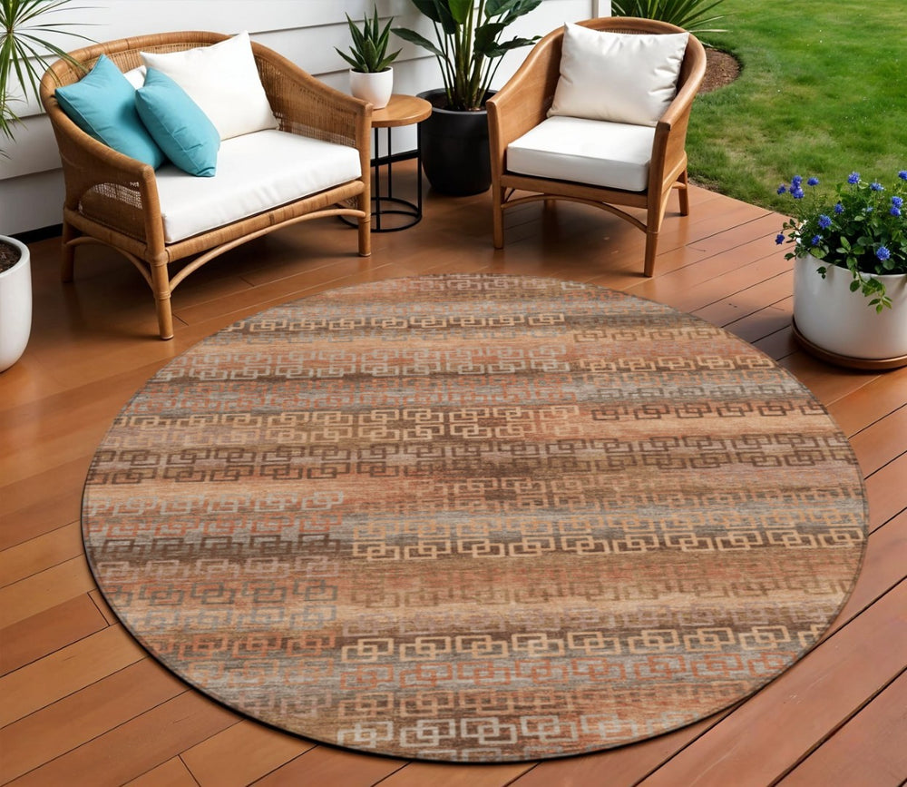 HomeRoots 8' Copper and Peach Striped Washable Area Rug for Indoor and Outdoor Spaces – Durable, Stylish, Easy Care 629607