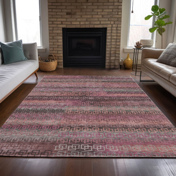 HomeRoots 5' X 8' Washable Pink and Gray Striped Area Rug - Durable, Stylish, Perfect for Indoor & Outdoor Use! 629612