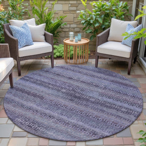 HomeRoots 8' Plum and Lavender Round Striped Rug - Stylish, Washable, Durable for Indoor & Outdoor Spaces! 629619