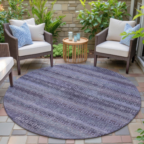 HomeRoots 8' Plum and Lavender Round Striped Rug - Stylish, Washable, Durable for Indoor & Outdoor Spaces! 629619
