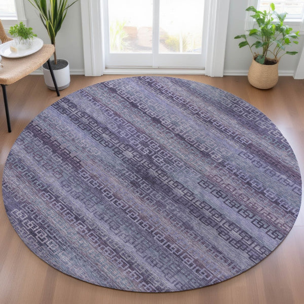 HomeRoots 8' Plum and Lavender Round Striped Rug - Stylish, Washable, Durable for Indoor & Outdoor Spaces! 629619