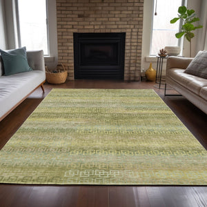 HomeRoots 5' Washable Sage and Gold Striped Area Rug - Durable Indoor/Outdoor Design for High-Traffic Spaces 629624