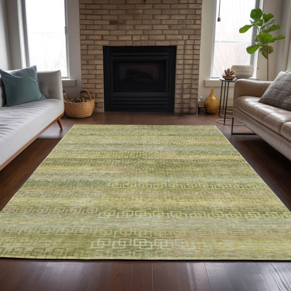 HomeRoots 5' Washable Sage and Gold Striped Area Rug - Durable Indoor/Outdoor Design for High-Traffic Spaces 629624