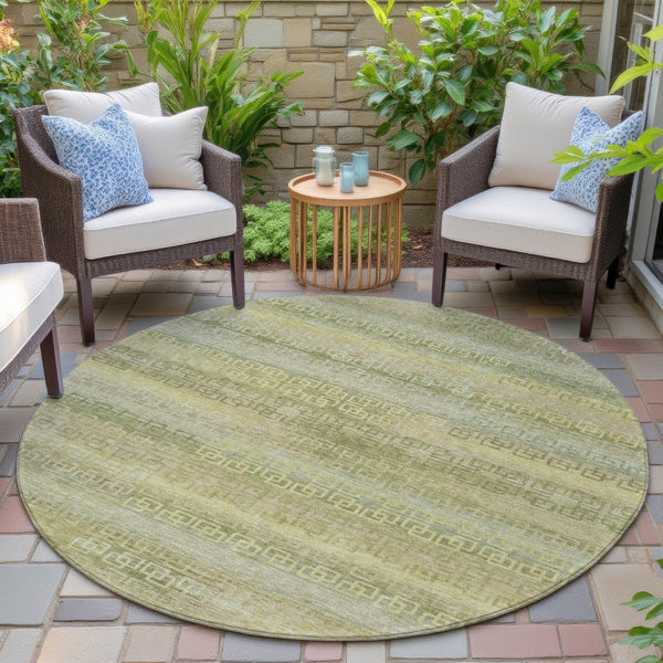 HomeRoots 8' Sage and Gold Round Striped Rug - Stylish, Durable, Machine Washable for Indoor & Outdoor Spaces 629625