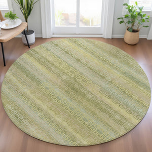 HomeRoots 8' Sage and Gold Round Striped Rug - Stylish, Durable, Machine Washable for Indoor & Outdoor Spaces 629625
