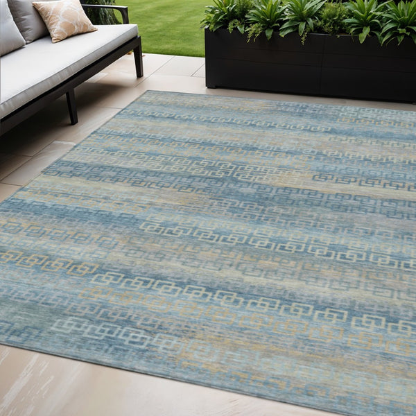 HomeRoots 5' Teal Blue & Beige Striped Indoor Outdoor Area Rug - Durable, Washable & Stylish for Any Space! 629630