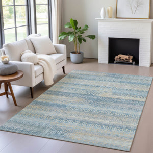 HomeRoots 5' Teal Blue & Beige Striped Indoor Outdoor Area Rug - Durable, Washable & Stylish for Any Space! 629630