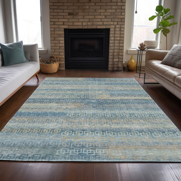 HomeRoots 5' Teal Blue & Beige Striped Indoor Outdoor Area Rug - Durable, Washable & Stylish for Any Space! 629630
