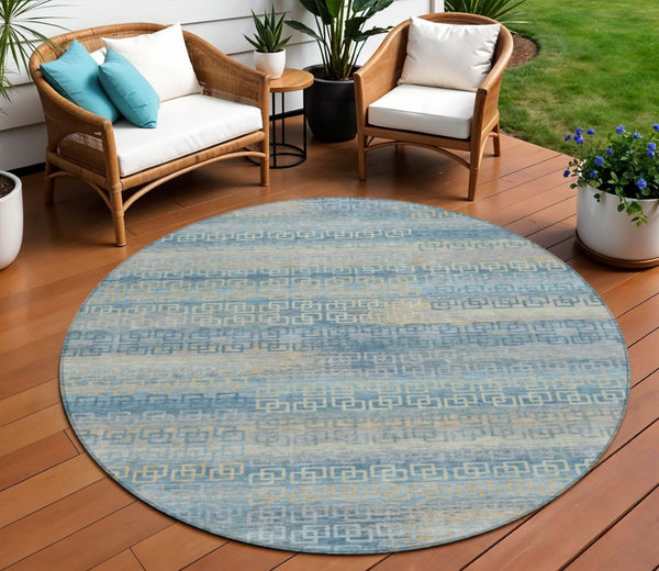 HomeRoots 8' Teal Blue and Beige Round Striped Rug - Durable, Washable Indoor/Outdoor Area Rug for Any Space! 629631