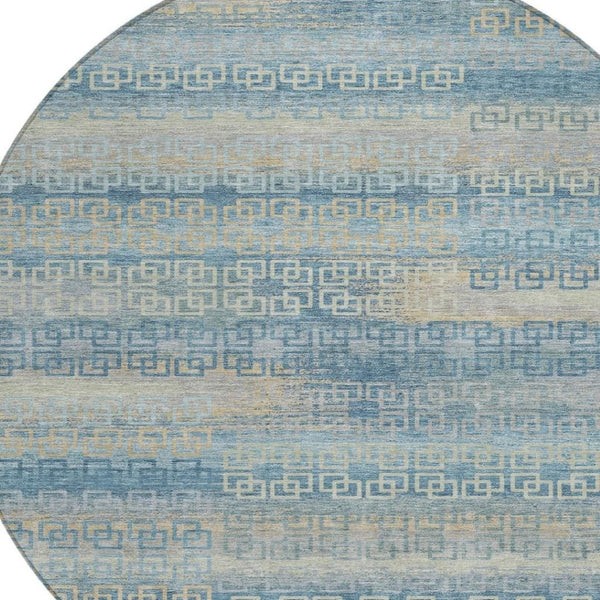 HomeRoots 8' Teal Blue and Beige Round Striped Rug - Durable, Washable Indoor/Outdoor Area Rug for Any Space! 629631