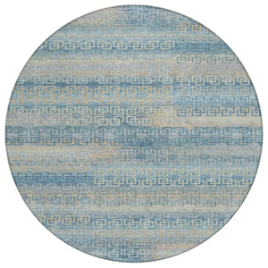 HomeRoots 8' Teal Blue and Beige Round Striped Rug - Durable, Washable Indoor/Outdoor Area Rug for Any Space! 629631