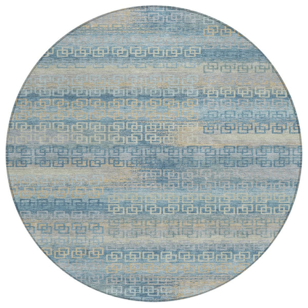 HomeRoots 8' Teal Blue and Beige Round Striped Rug - Durable, Washable Indoor/Outdoor Area Rug for Any Space! 629631