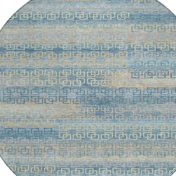 HomeRoots 8' Teal Blue and Beige Round Striped Rug - Durable, Washable Indoor/Outdoor Area Rug for Any Space! 629631