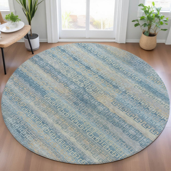 HomeRoots 8' Teal Blue and Beige Round Striped Rug - Durable, Washable Indoor/Outdoor Area Rug for Any Space! 629631