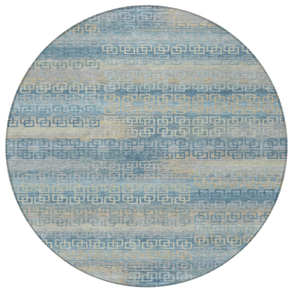 HomeRoots 8' Teal Blue and Beige Round Striped Rug - Durable, Washable Indoor/Outdoor Area Rug for Any Space! 629631