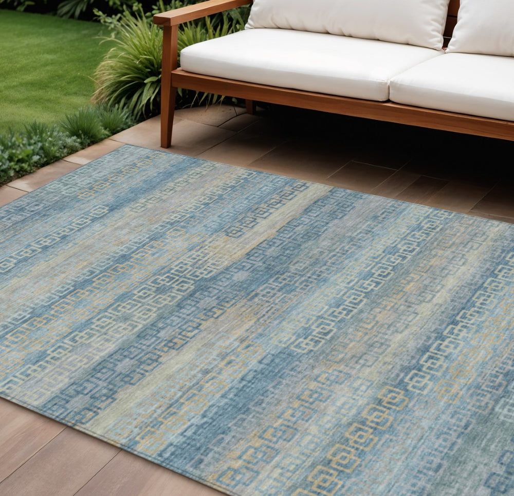 HomeRoots 10' Teal Blue & Beige Striped Washable Rug - Durable, Stylish Indoor/Outdoor Area Rug for High-Traffic Spaces 629634