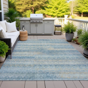 HomeRoots 10' Teal Blue & Beige Striped Washable Rug - Durable, Stylish Indoor/Outdoor Area Rug for High-Traffic Spaces 629634