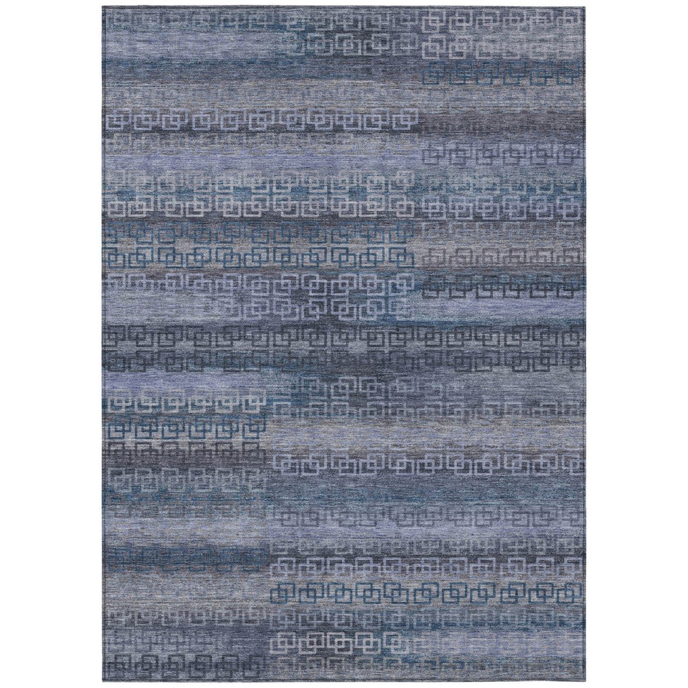 HomeRoots 5' Indoor Outdoor Area Rug - Taupe & Blue Striped, Washable, Stain-Resistant for Versatile Spaces 629636