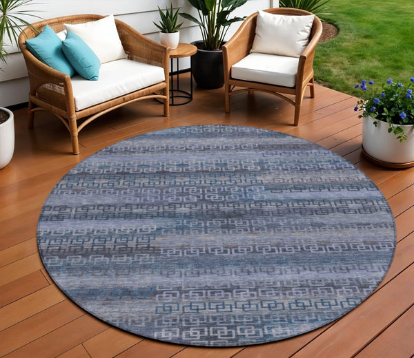 HomeRoots 8' Taupe and Blue Round Striped Indoor-Outdoor Area Rug – Washable, Stain-Resistant, Durable Style 629637