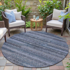 HomeRoots 8' Taupe and Blue Round Striped Indoor-Outdoor Area Rug – Washable, Stain-Resistant, Durable Style 629637