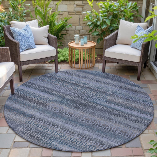 HomeRoots 8' Taupe and Blue Round Striped Indoor-Outdoor Area Rug – Washable, Stain-Resistant, Durable Style 629637