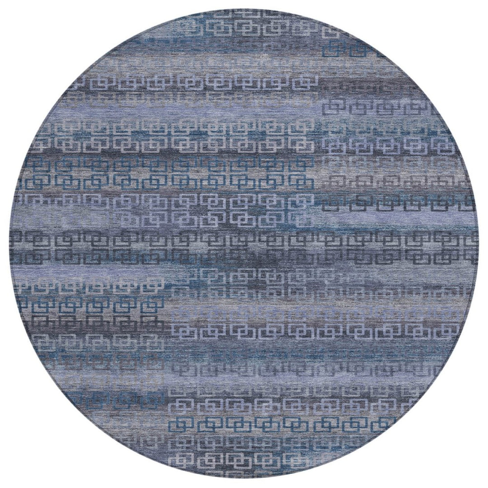 HomeRoots 8' Taupe and Blue Round Striped Indoor-Outdoor Area Rug – Washable, Stain-Resistant, Durable Style 629637