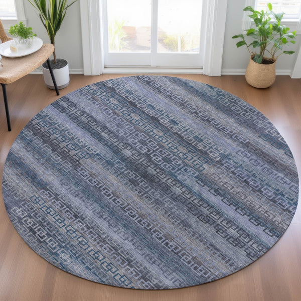 HomeRoots 8' Taupe and Blue Round Striped Indoor-Outdoor Area Rug – Washable, Stain-Resistant, Durable Style 629637