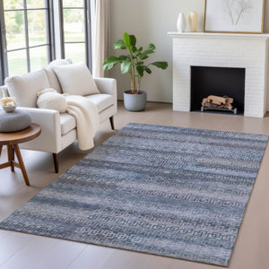 HomeRoots 8' X 10' Stylish Taupe and Blue Striped Washable Area Rug for Indoor and Outdoor Spaces, Durable & Versatile 629638