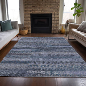 HomeRoots 8' X 10' Stylish Taupe and Blue Striped Washable Area Rug for Indoor and Outdoor Spaces, Durable & Versatile 629638