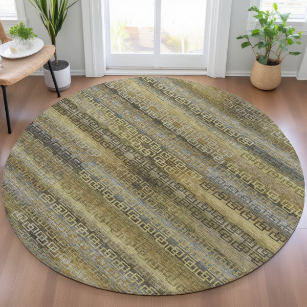 HomeRoots 8' Wheat and Brown Round Striped Area Rug – Stylish, Washable, Durable for Indoor & Outdoor Use 629643