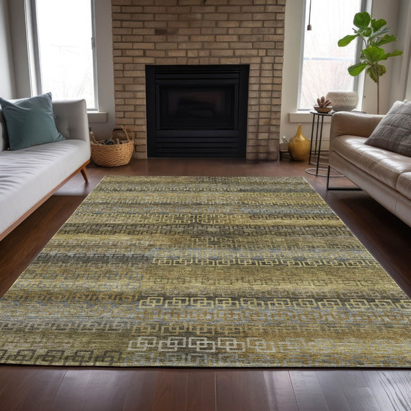 HomeRoots 8' X 10' Striped Washable Area Rug - Durable Wheat & Brown Design for Indoor & Outdoor Spaces 629644
