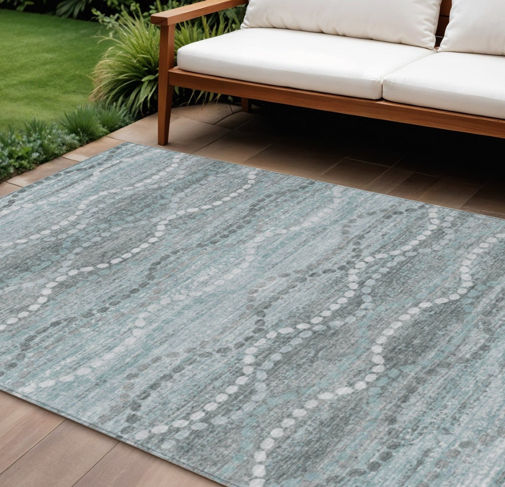 HomeRoots 8' X 10' Stylish Teal Blue & Ivory Ogee Rug – Washable, Durable, Perfect for Indoor & Outdoor Spaces! 629686