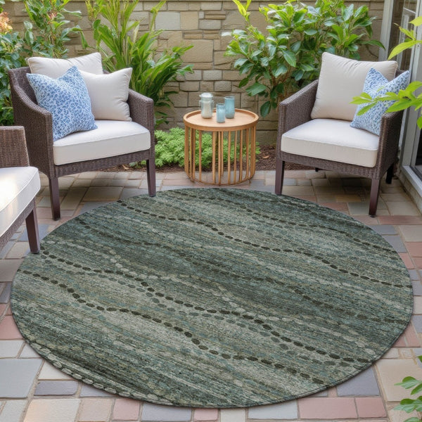 HomeRoots 8' Artichoke Green and Gray Round Ogee Rug - Stylish, Washable, Durable for Indoor & Outdoor Spaces 629691