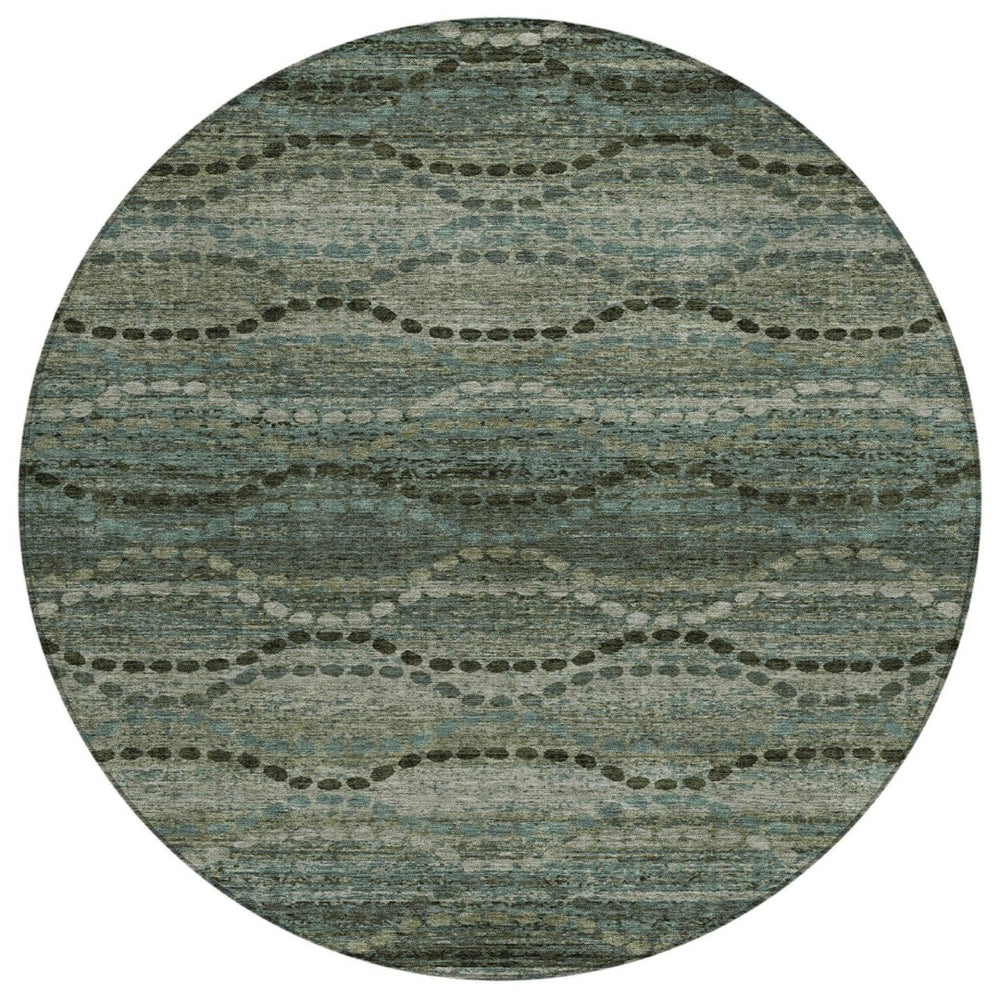 HomeRoots 8' Artichoke Green and Gray Round Ogee Rug - Stylish, Washable, Durable for Indoor & Outdoor Spaces 629691