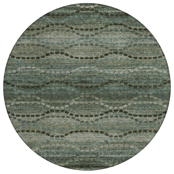 HomeRoots 8' Artichoke Green and Gray Round Ogee Rug - Stylish, Washable, Durable for Indoor & Outdoor Spaces 629691