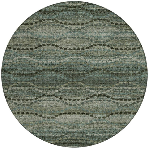 HomeRoots 8' Artichoke Green and Gray Round Ogee Rug - Stylish, Washable, Durable for Indoor & Outdoor Spaces 629691