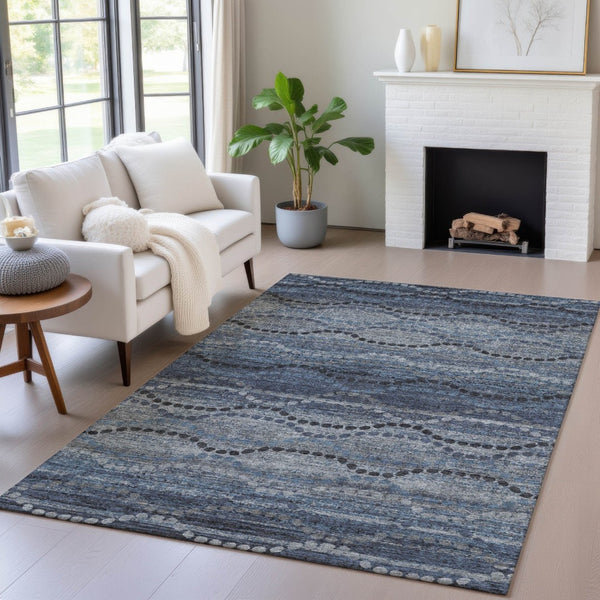 HomeRoots 5' Navy Blue and Gray Ogee Area Rug - Washable, Stain-Resistant, Indoor/Outdoor for Busy Homes 629702