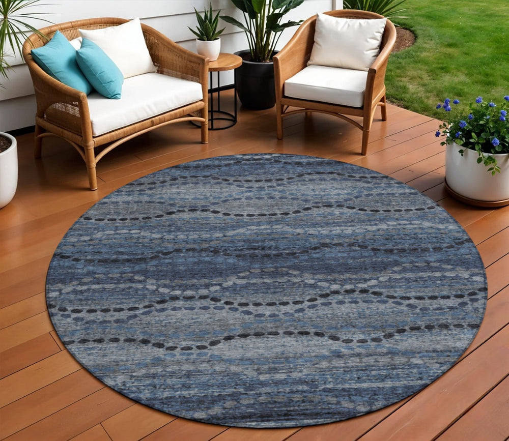 HomeRoots 8' Navy Blue & Gray Round Ogee Rug - Durable, Washable, Stylish for Indoor & Outdoor Spaces! 629703