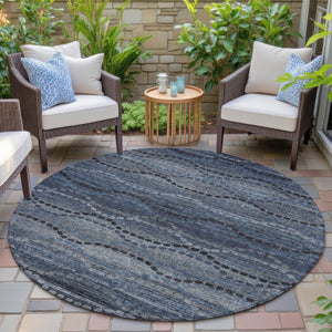 HomeRoots 8' Navy Blue & Gray Round Ogee Rug - Durable, Washable, Stylish for Indoor & Outdoor Spaces! 629703