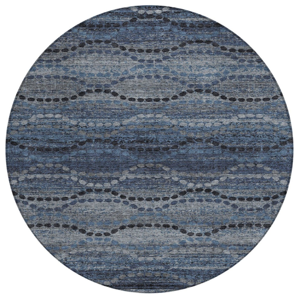 HomeRoots 8' Navy Blue & Gray Round Ogee Rug - Durable, Washable, Stylish for Indoor & Outdoor Spaces! 629703
