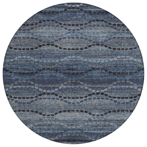 HomeRoots 8' Navy Blue & Gray Round Ogee Rug - Durable, Washable, Stylish for Indoor & Outdoor Spaces! 629703