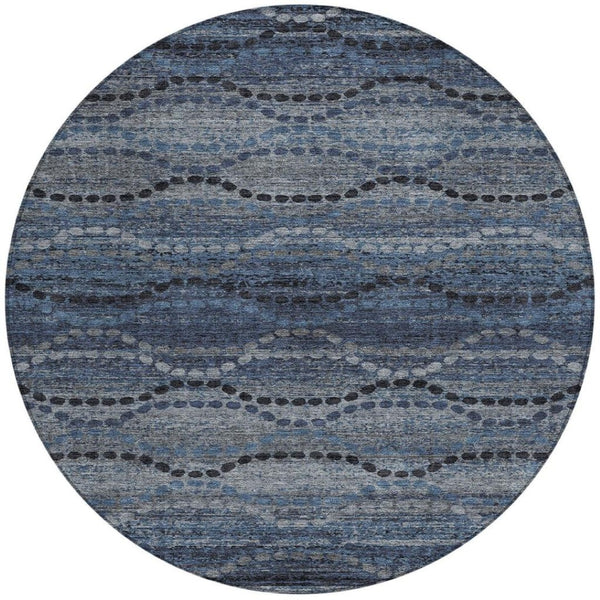 HomeRoots 8' Navy Blue & Gray Round Ogee Rug - Durable, Washable, Stylish for Indoor & Outdoor Spaces! 629703