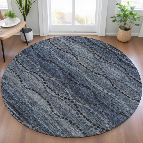 HomeRoots 8' Navy Blue & Gray Round Ogee Rug - Durable, Washable, Stylish for Indoor & Outdoor Spaces! 629703