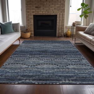 HomeRoots 9' X 12' Navy Blue & Gray Ogee Area Rug - Durable, Washable, Stylish for Indoor & Outdoor Spaces 629705