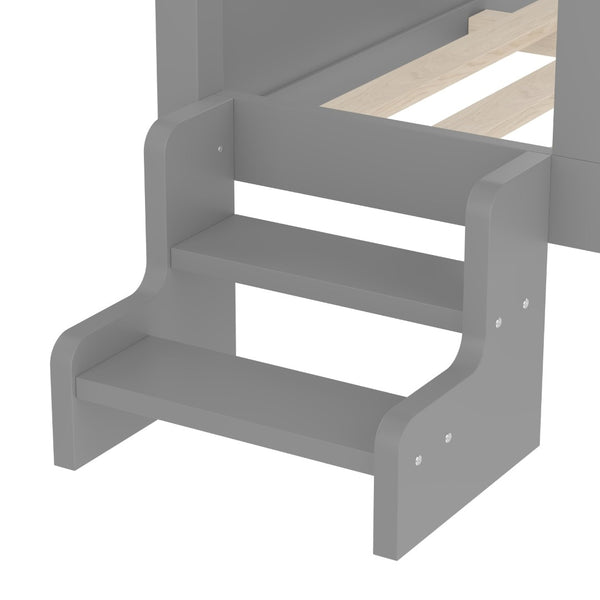 English Elm Full Bunk Bed with Trundle Bookshelf Storage Pine Frame Car Design for Kids Gray W1580S00296