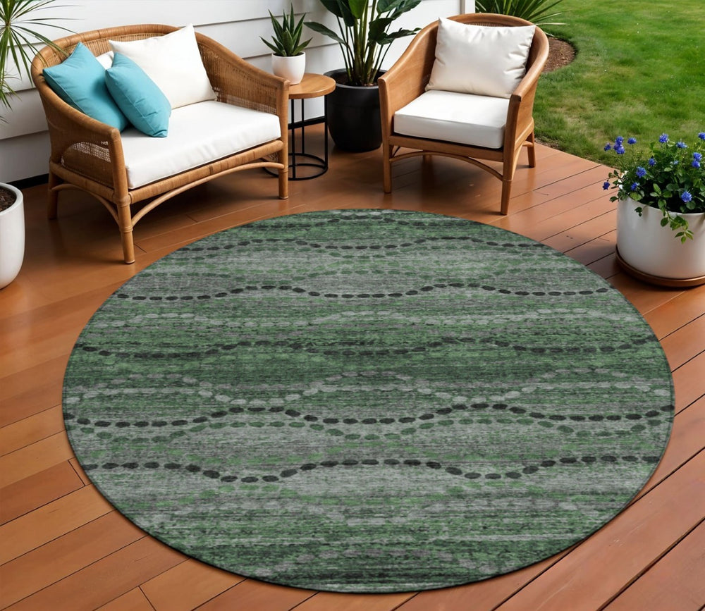 HomeRoots 8' Olive Green and Gray Round Ogee Rug - Durable, Washable, Stylish for Indoor & Outdoor Spaces 629709