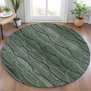 HomeRoots 8' Olive Green and Gray Round Ogee Rug - Durable, Washable, Stylish for Indoor & Outdoor Spaces 629709
