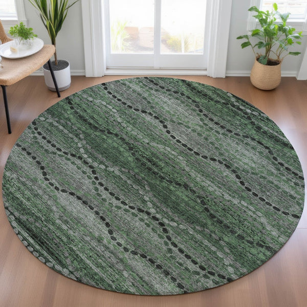 HomeRoots 8' Olive Green and Gray Round Ogee Rug - Durable, Washable, Stylish for Indoor & Outdoor Spaces 629709