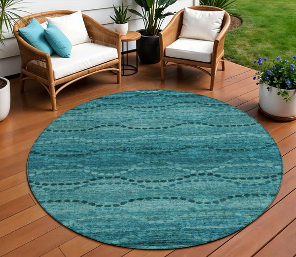 HomeRoots 8' Turquoise & Aqua Round Ogee Area Rug – Stylish, Washable Indoor/Outdoor Accent for High-Traffic Spaces 629721