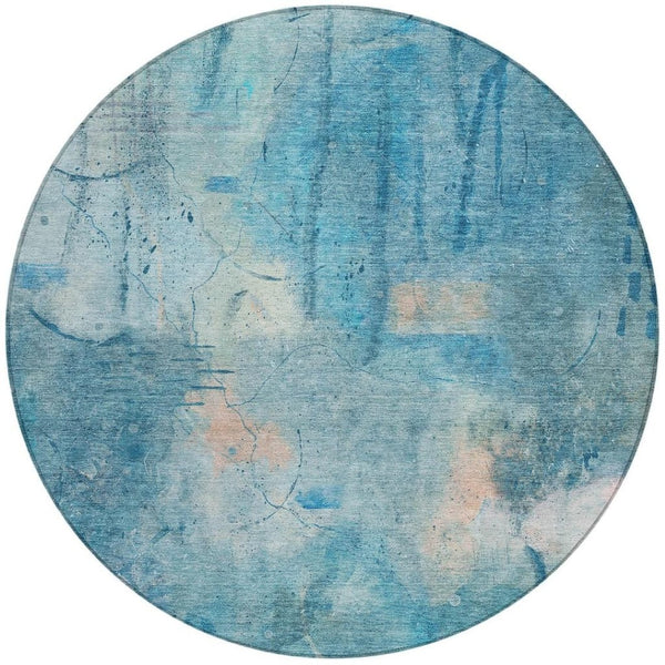 HomeRoots 8' Blue and Beige Round Abstract Area Rug - Machine Washable, Durable for Indoor & Outdoor Spaces 629727